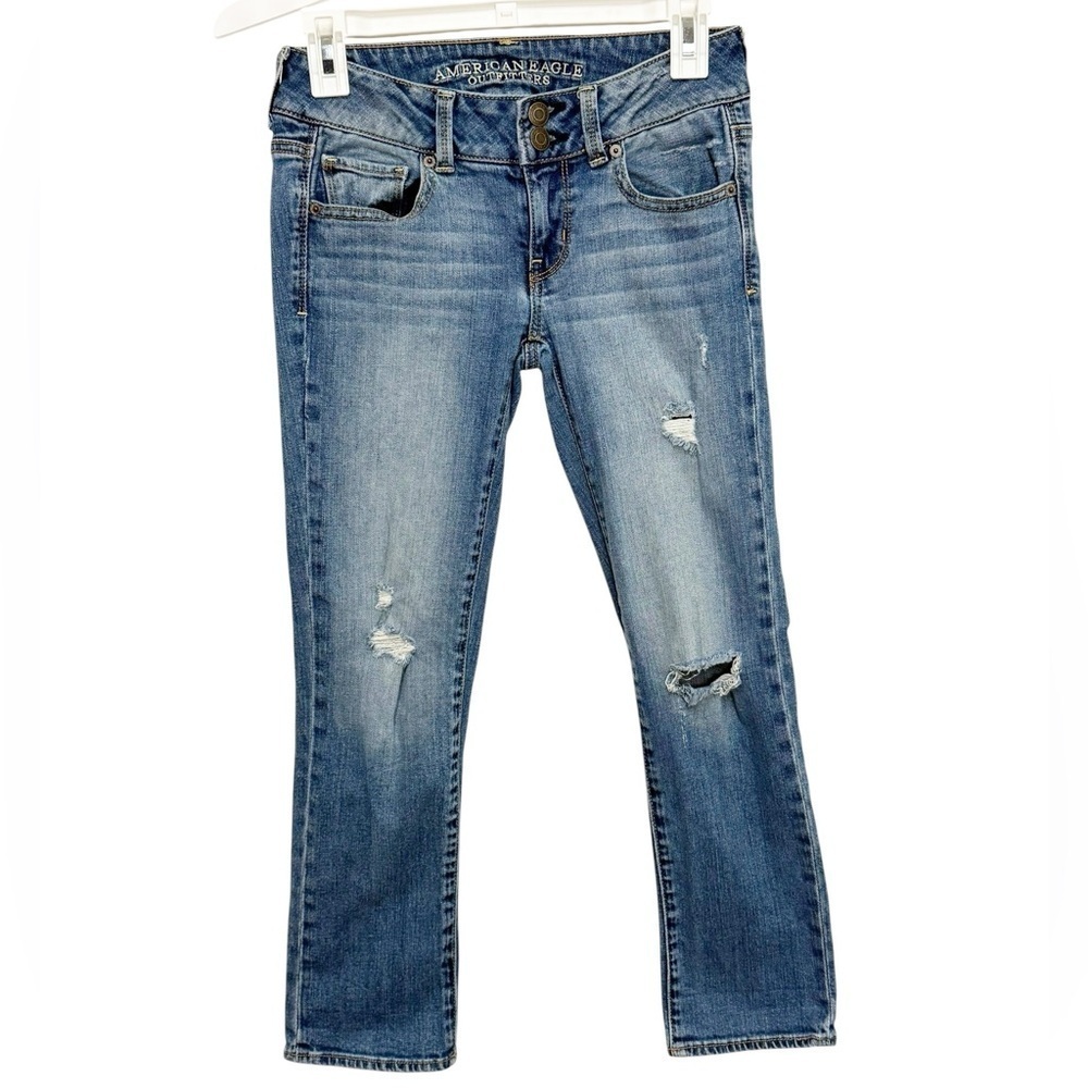 American Eagle Artist Crop Jeans Low Rise Distressed Blue Size 0 Y2K Style